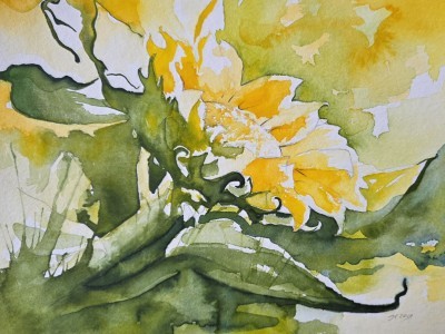 Aquarellbild einer Sonnenblume in kräftigen Grün und Gelbtönen